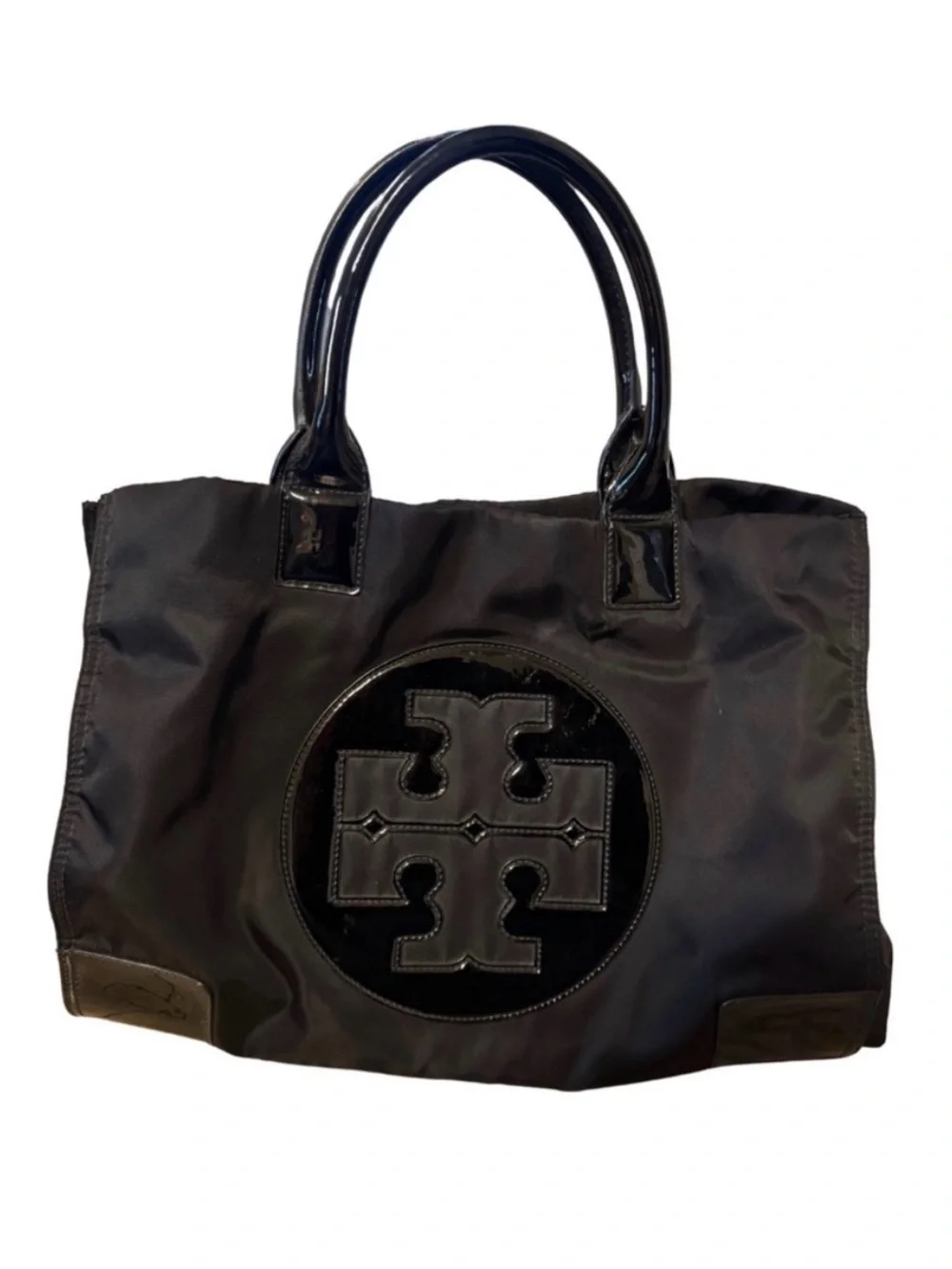 Tory Burch Black Nylon Tote with Patent Logo - Picture 1 of 3